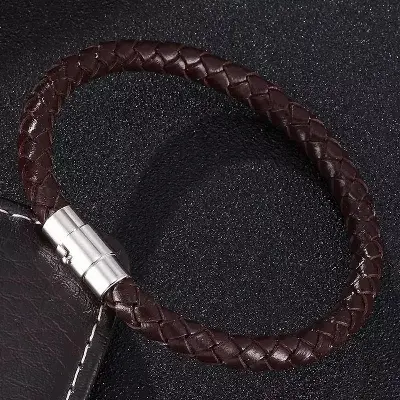 Picture of Men Brown Leather Charm Wristband Stainless Steel Magnetic Clasp Bracelet