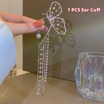 Picture of Korean Super Fairy Butterfly Tassel Earrings With Artificial Pearl Ear Clip