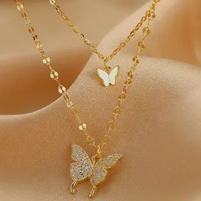 Picture of Women Double Layer Pendant Clavicle Chain Silver Butterfly Necklace Chain