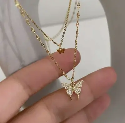 Picture of Women Double Layer Pendant Clavicle Chain Silver Butterfly Necklace Chain