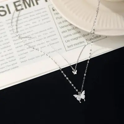 Picture of Women Double Layer Pendant Clavicle Chain Silver Butterfly Necklace Chain