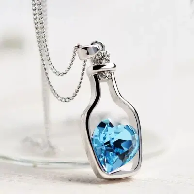 Picture of Blue Collares Men Wish Bottle Crystal Heart Pendant Necklace For Women Chain Jewelry