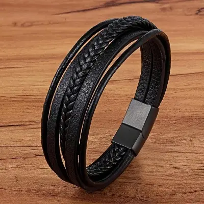 Picture of Leather Bracelet Men Stainless Steel Top Quality Jewelry Male Black Braided Fashion