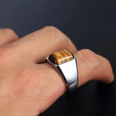 Picture of Man Real Stainless Steel Band Ring Solid Tiger's Eye Square Stone Ring