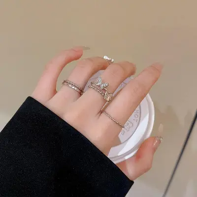 Picture of 4 Pcs Korean Cute Butterfly Rings Set Punk Fashion Geometric Round  Rings for Women