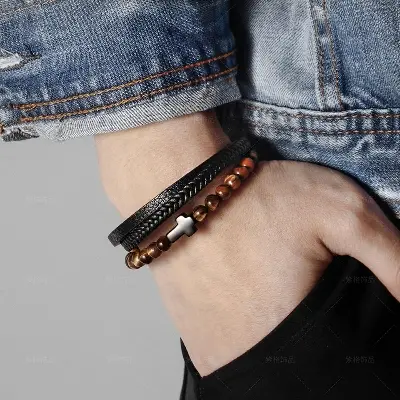 Picture of Leather Bracelets Men Bracelets Wristbands - Bracelet For Men/Men's Stainless Steel and Leather Bracelet - Bracelet