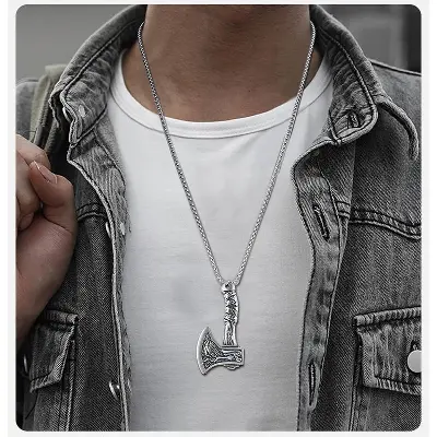 Picture of Simple Viking Wolf Raven Axe Pendant Necklaces for Men