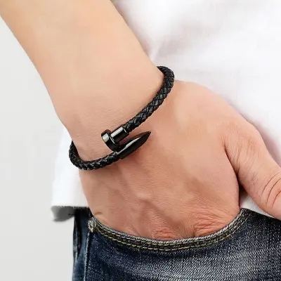 Picture of Lavish indulgent - Stainless Steel Charm Cuff Wristband Bangle with Magnetic Clasp/Leather Bracelet for Men - Sensible - Must Have