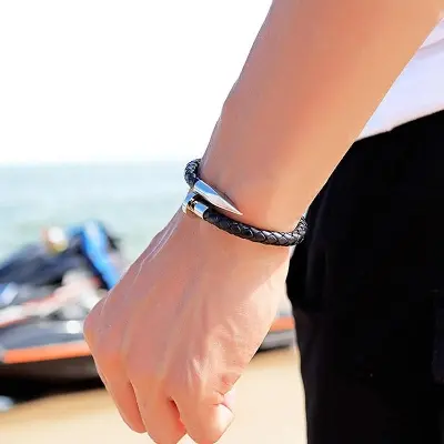 Picture of Trendy Bracelet Men Titanium Steel Leather Rope Bracelet Magnetic  Braided Bracelet  for Men