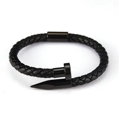 Picture of Stylish Addition - Nail Bracelet Men Titanium Steel Leather Rope Bracelet Magnetic Braided Bracelet - Sustainable Choice