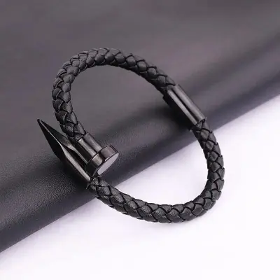 Picture of Premium Quality - Nail Bracelet Men Titanium Steel Leather Rope Bracelet Magnetic Braided Bracelet - Trend and Need full