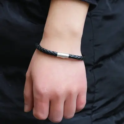Picture of Premium Quality - Black Braided Leather Bracelet Men Stainless Steel Magnetic Clasp Male Wristband - Trend and Need full