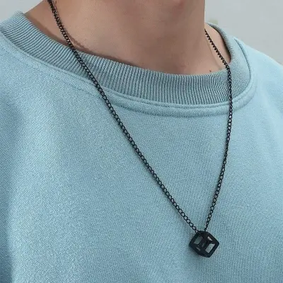 Picture of Stylish - Modern Vibe - Custom Experience - Black Hollow Cube Pendant Men's Necklace - Couture - High-end - Understated Sophistication