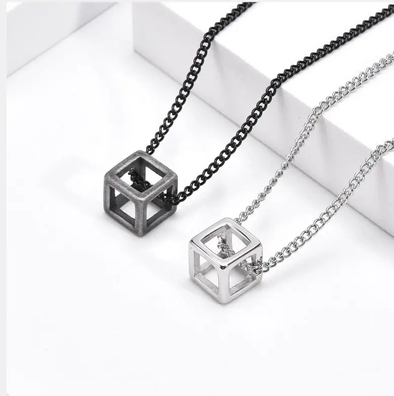 Picture of Stylish - Modern Vibe - Custom Experience - Black Hollow Cube Pendant Men's Necklace - Couture - High-end - Understated Sophistication