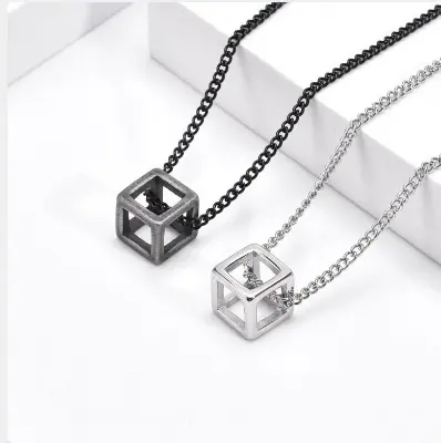 Picture of Stylish - Modern Vibe - Custom Experience - Black Hollow Cube Pendant Men's Necklace - Couture - High-end - Understated Sophistication