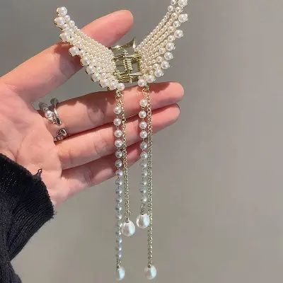 Picture of Long Butterfly Tassel Pearls Rhinestones Geometric Hair Clip for Women