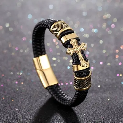Picture of Men's Fashion Classic Black Woven Leather Inlaid Cross Magnetic Bracelet
