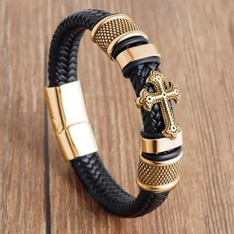 Picture of Men's Fashion Classic Black Woven Leather Inlaid Cross Magnetic Bracelet