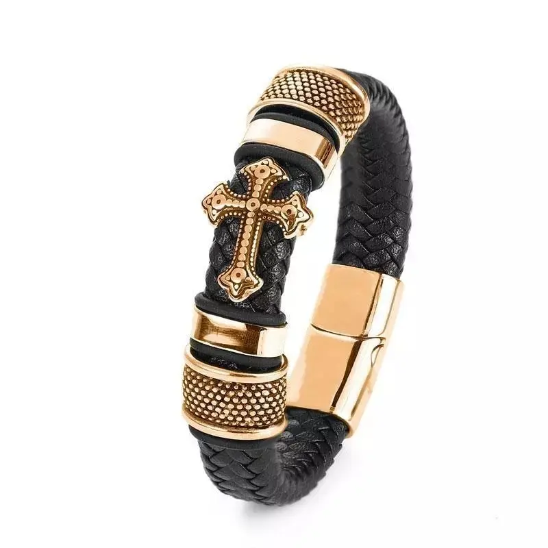 Picture of Men's Fashion Classic Black Woven Leather Inlaid Cross Magnetic Bracelet