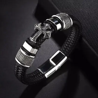 Picture of Style Leather Woven Cross High Quality Metal Leather Bracelet for Men
