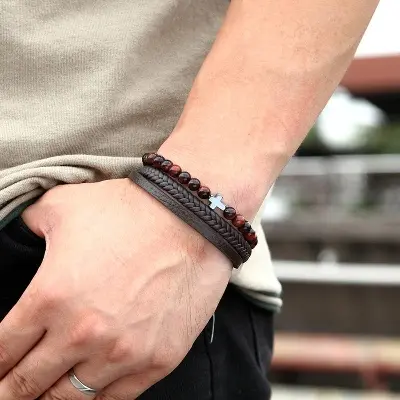 Picture of Personalized Men's Wrist Bracelet Jewelry with Cross Christian Religious Motif in Black with Wood Gift Box Boy Friend, Military, Preacher