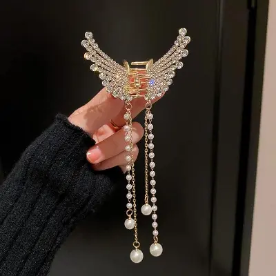 Picture of Korean Crystal Rhinestone Butterfly Pearl Long Tassel Hairpin For Women