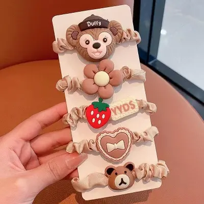 Picture of 5PCS Cute Flower Children Hair Ties Handmade Cloth Girl Bang Elastic Hair Bands Cartoon Kids Love Headwear Hair Accessories Set