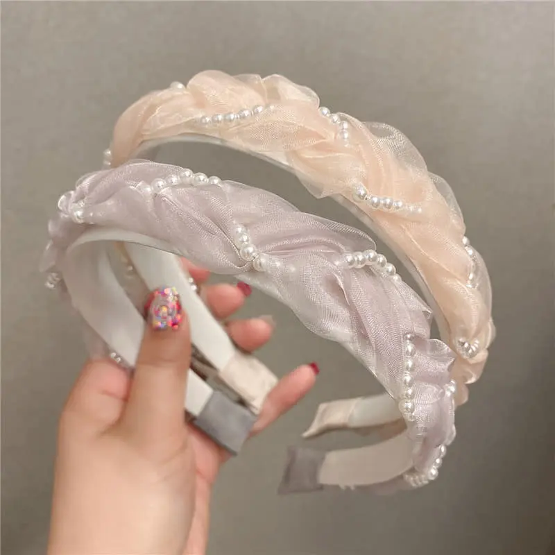 Picture of New Fashion White Pearl Pink Lace  French Hair Clip Headbands Hairbands  For Women