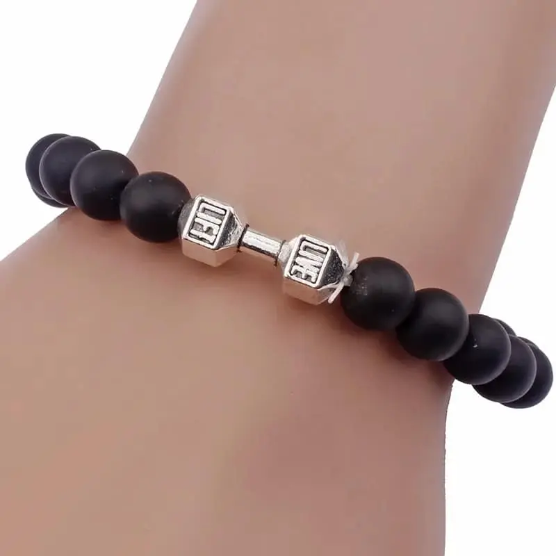 Picture of Refined Taste - Fit Life Black Matte Stone Dumbbell Shape Bracelet Fitness Motivation Gym for Men - Durabilty Assured - Iconic Style