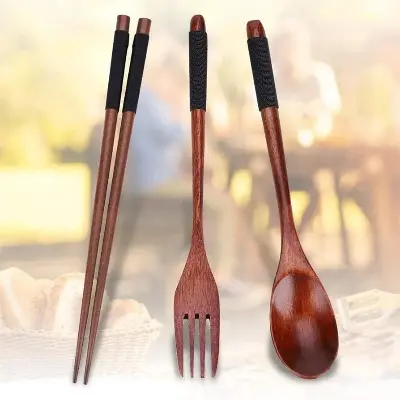 Picture of 4 Piece Reusable Wooden Cutlery Set for Beginners (Black)