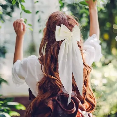 Picture of Korean White Fashion Plaid Butterfly Bow Hairpin Girl Hair Accessories for Women