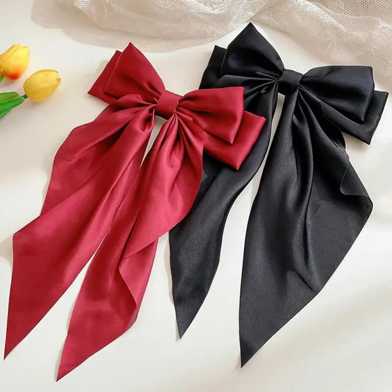 Picture of 1 Pices Big Satin Layered Hair Bows for Women - Long Black Ribbon