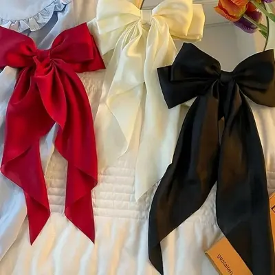 Picture of 1 Pices Big Satin Layered Hair Bows for Women - Long Black Ribbon