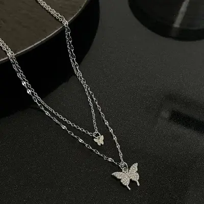 Picture of Silver Simple Brilliant Butterfly Pendant with Cubic Zirconia and Necklace