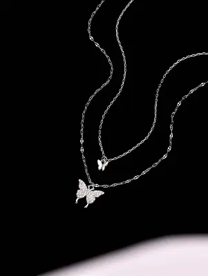 Picture of Silver Simple Brilliant Butterfly Pendant with Cubic Zirconia and Necklace