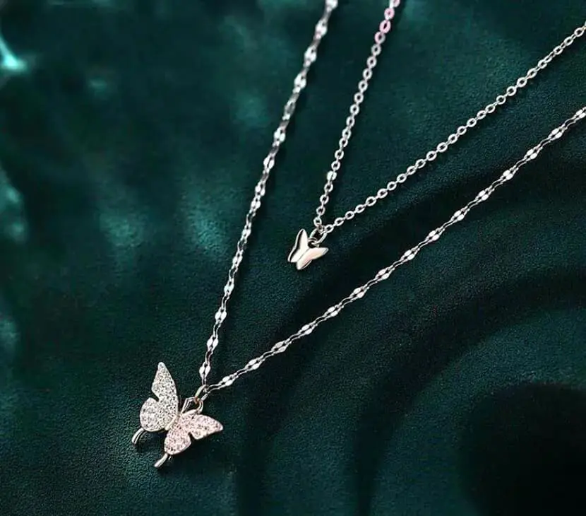 Picture of Silver Simple Brilliant Butterfly Pendant with Cubic Zirconia and Necklace