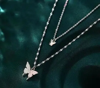 Picture of Silver Simple Brilliant Butterfly Pendant with Cubic Zirconia and Necklace