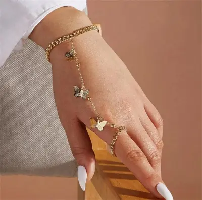 Picture of Exclusive Golden Stylish Bracelet Fashion Hand Finger Ring Types Bracelet Women