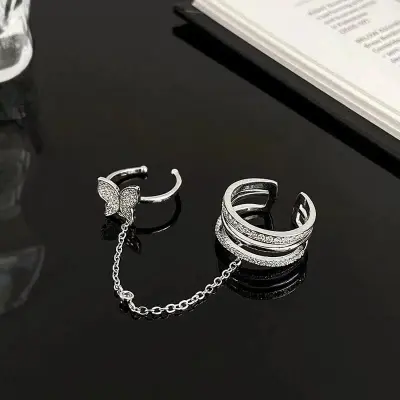 Picture of Butterfly Statement Rings for Women Crystal Rhinestones Finger Ring for Teen Girls with Chain Tassel Finger Tip Rings