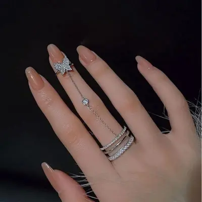 Picture of Butterfly Statement Rings for Women Crystal Rhinestones Finger Ring for Teen Girls with Chain Tassel Finger Tip Rings