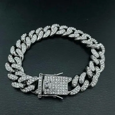 Picture of Superb Versatile -Choice and Remark -Men Cuban Link Chain Bracelet Shiny Rhinestone Inlaid Bangle Jewelry- Avant-garde