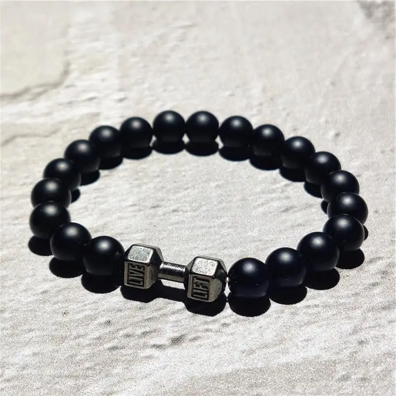 Picture of Stainless Steel  Black Stone Beaded Bracelet Fitness Fit Life Prayer Dumbbell Bracelets for Men