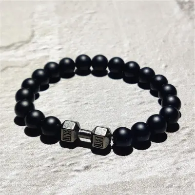 Picture of Stainless Steel  Black Stone Beaded Bracelet Fitness Fit Life Prayer Dumbbell Bracelets for Men