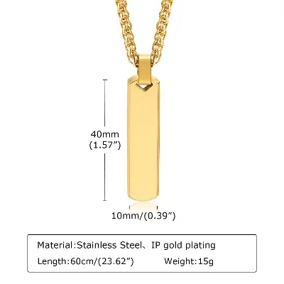 Picture of Black Silver Golden Rectangle Pendant Necklace for Men, Stainless Steel Length