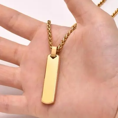Picture of Simple Titanium Steel Necklace Men's Shiny Vertical Striped Rectangle Pendant Neck Fashionable Punk Jewelry Accessories