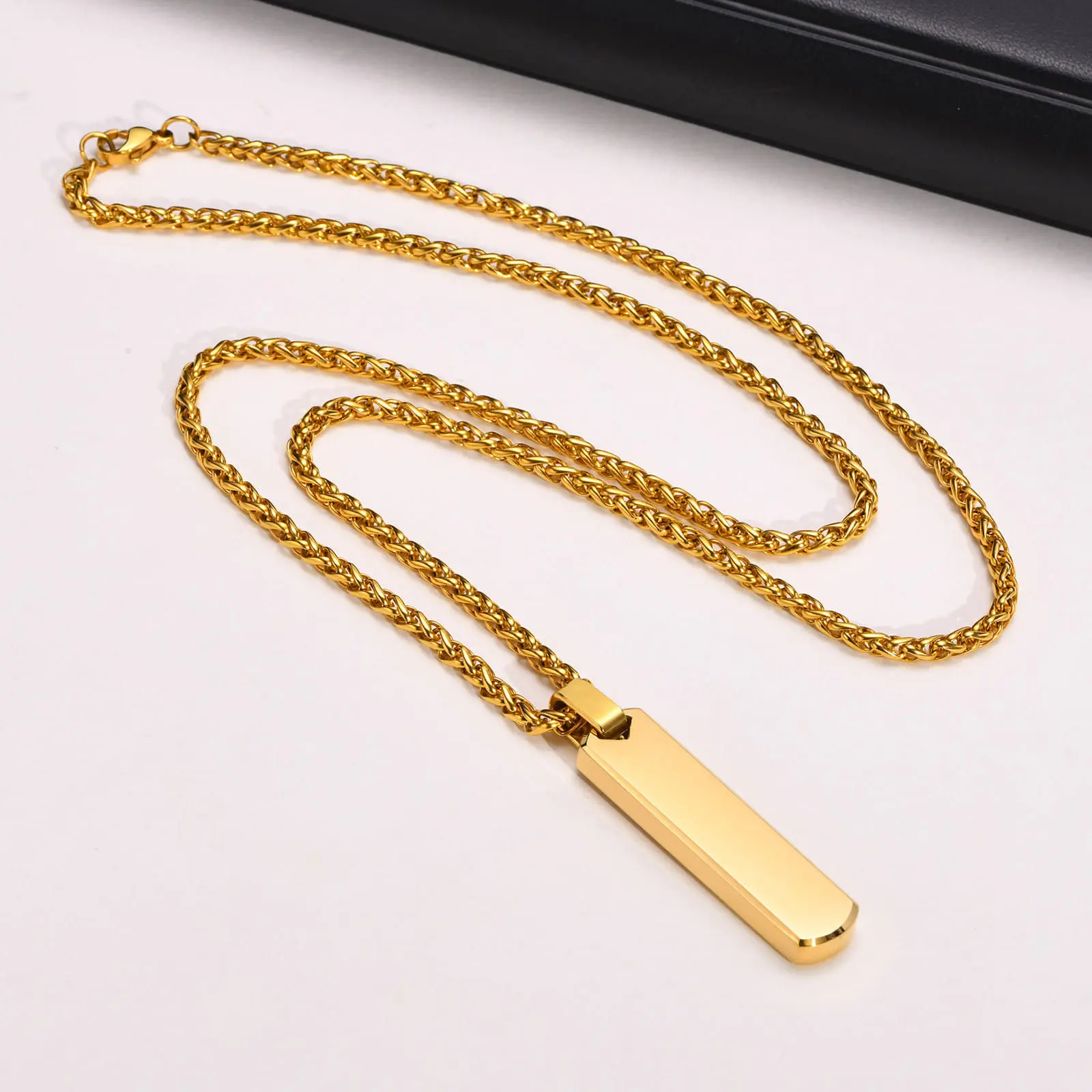 Picture of Simple Titanium Steel Necklace Men's Shiny Vertical Striped Rectangle Pendant Neck Fashionable Punk Jewelry Accessories