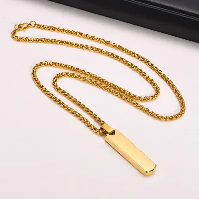 Picture of Simple Titanium Steel Necklace Men's Shiny Vertical Striped Rectangle Pendant Neck Fashionable Punk Jewelry Accessories
