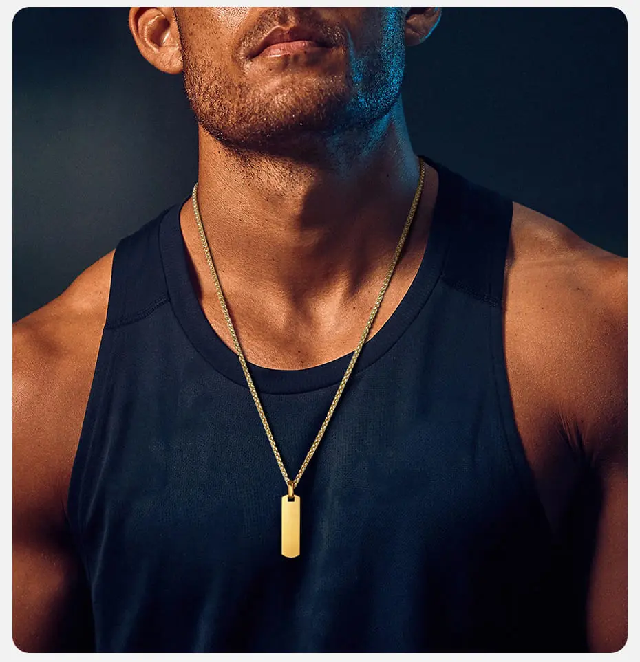 Picture of Simple Titanium Steel Necklace Men's Shiny Vertical Striped Rectangle Pendant Neck Fashionable Punk Jewelry Accessories