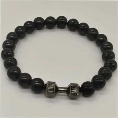 Picture of Stainless Steel  Black Stone Beaded Bracelet Fitness Fit Life Prayer Dumbbell Bracelets for Men