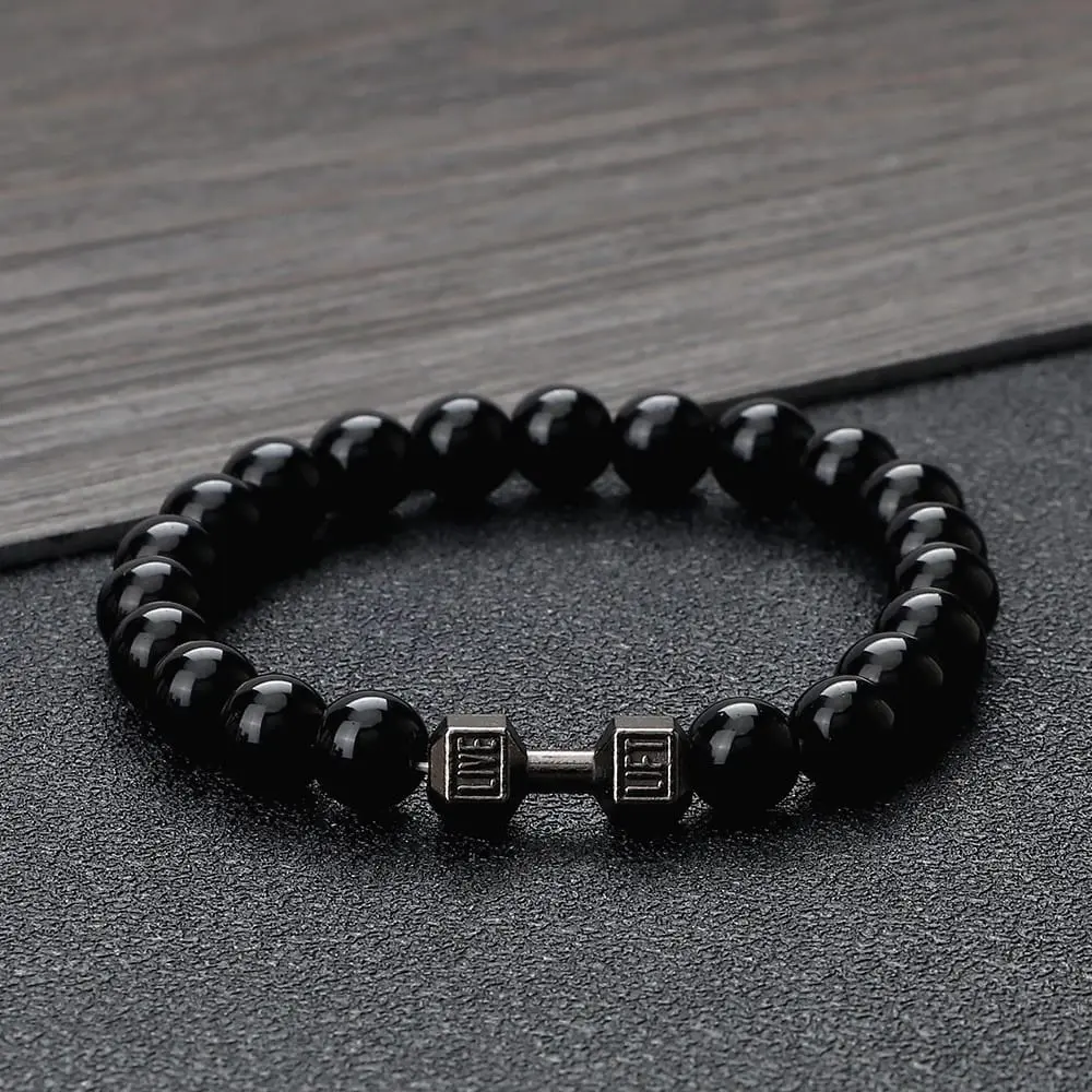 Picture of Stainless Steel  Black Stone Beaded Bracelet Fitness Fit Life Prayer Dumbbell Bracelets for Men
